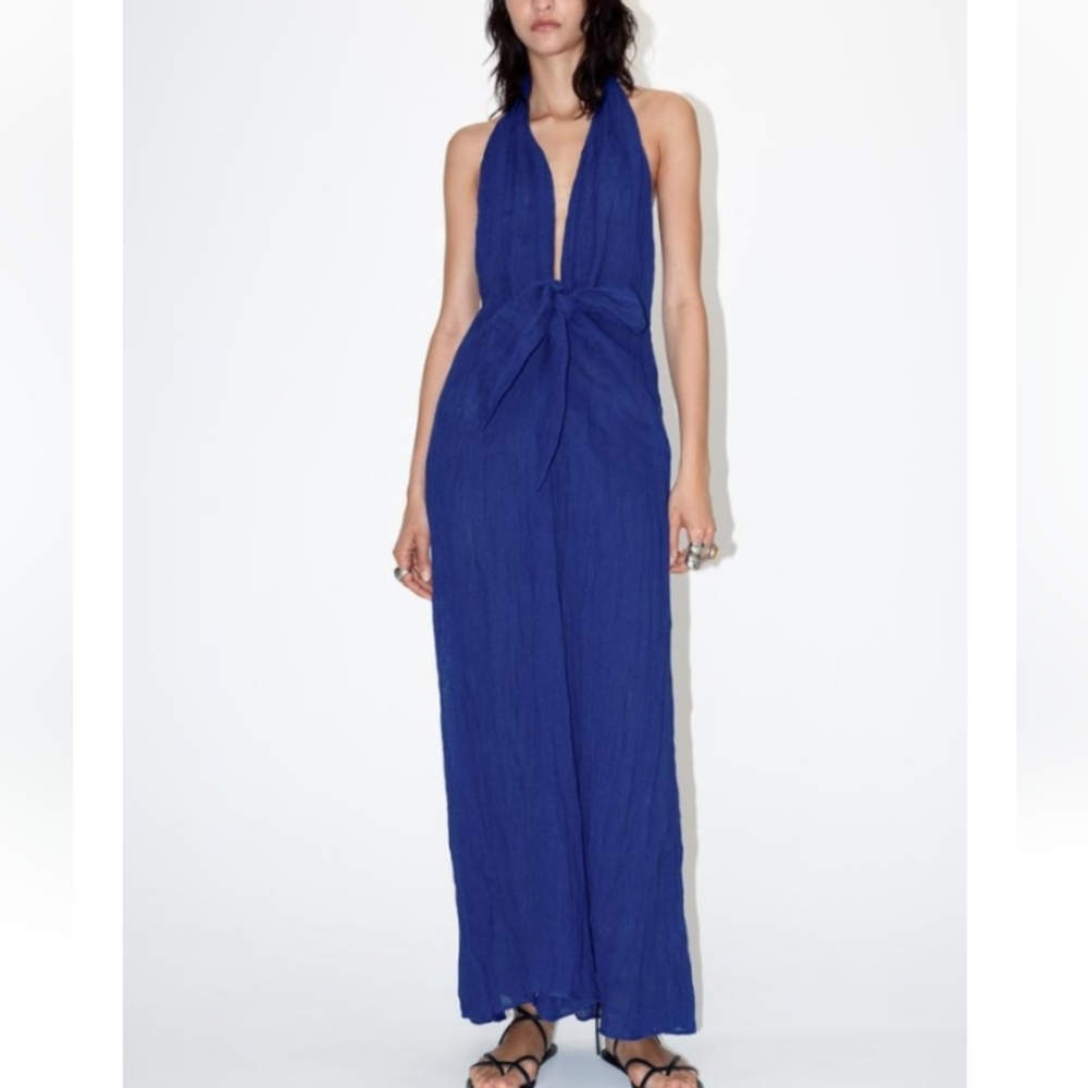 Zara Royal Blue Linen Halter Maxi Dress with Front Tie